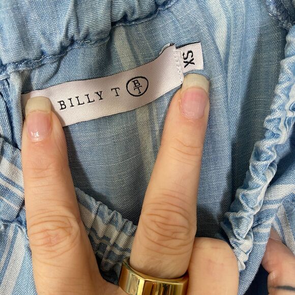 Billy T Blue & White Stripe Linen Off Shoulder 3/4 Tie-Sleeve Back Button Top XS - Picture 7 of 13